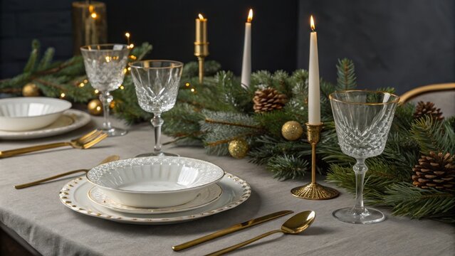 Elegant Christmas table setting with candles and gold