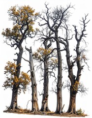 Autumnal trees with bare branches against white