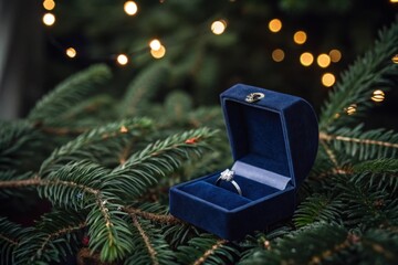 Elegant diamond ring on evergreen Christmas proposal