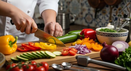A professional chef in a white uniform is chopping fresh colorful vegetables on a wooden cutting board in a kitchen.