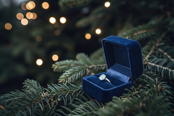 Engagement ring sparkles on Christmas tree branch