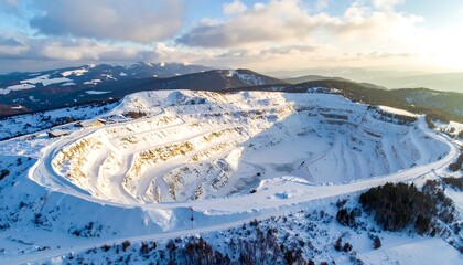 Aerial view of a snowy quarry with layered terracing