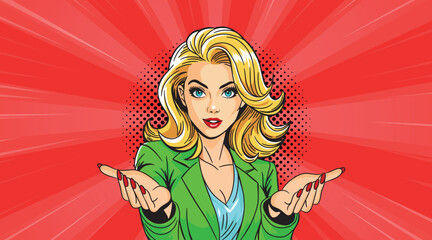 A young businesswoman in pop art style motivates. Pop art in comic book style.