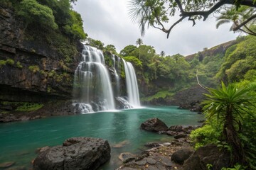 Stunning waterfall cascading into vibrant turquoise pool