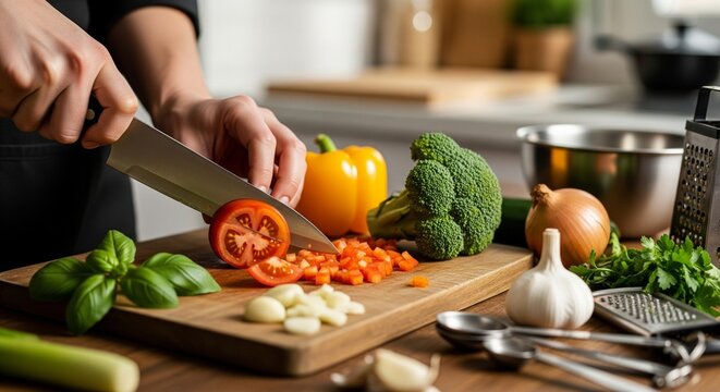 Close-up of a person's hands chopping fresh vegetables on a wooden cutting board in a kitchen.