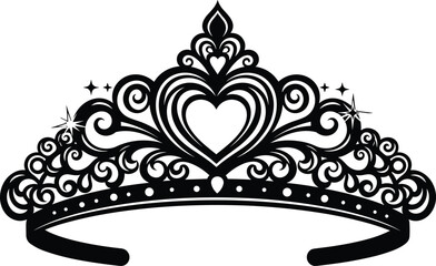 Vector silhouette of princess tiara with heart shape, black royal queen crown illustration, wedding headpiece graphic, elegant diadem symbol for beauty pageant design © Tanjimul