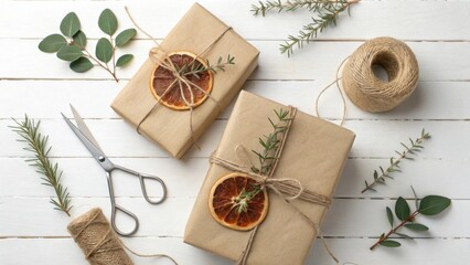 Elegant gifts wrapped in brown paper on white table