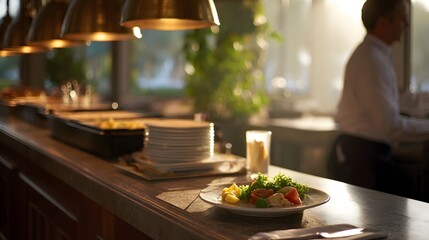 A well lit restaurant buffet counter with food and a server in the background