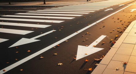 Asphalt Road Surface Featuring Pedestrian Crossing And White Arrow Directional Markings