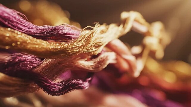 Macro shot of colorful purple and gold threads. Slow motion detail of shimmering textile fibers. Abstract luxury fabric background