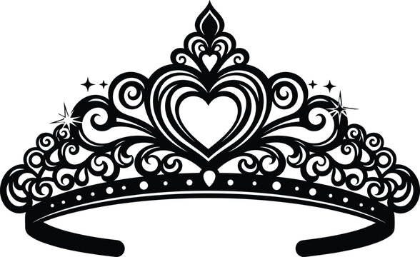 Vector silhouette of princess tiara with heart shape, black royal queen crown illustration, wedding headpiece graphic, elegant diadem symbol for beauty pageant design