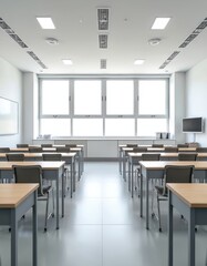 Fototapeta premium Empty modern classroom with rows of desks and chairs. Large windows let in bright light onto the clean learning space. Whiteboard on wall suggests lesson prep or teaching.