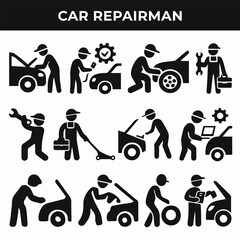 Professional car repairman silhouette icon set featuring automotive tools, mechanics, vehicle diagnostics, engine repair, and garage service concepts