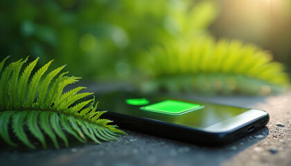 Smartphone shows full battery charge next to green fern leaves. Symbolizes eco friendly power saving and long lasting phone battery life. Green energy concept.