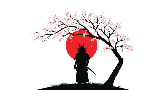 Powerful samurai warrior silhouette under blossoming cherry tree with rising sun, evoking strength, peace, and Japanese tradition, perfect for branding