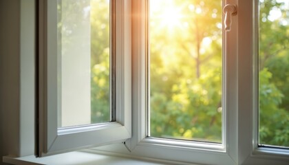 Fototapeta premium White framed double glazed window pane opens to show green trees outside. Bright sun shines through glass pane. Warm natural light enters room.