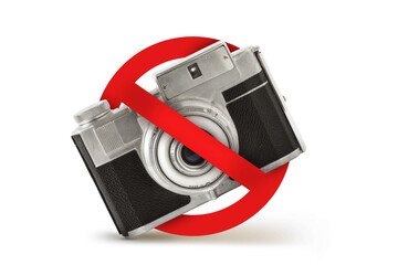 Camera with prohibition sign on white background - Photos not allowed concept