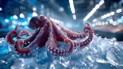 Large octopus is sitting on a block of ice. The octopus is surrounded by ice, which gives the image a cold and eerie feeling. The octopus is the main focus of the image, and its size