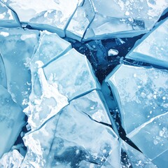 Shattered, angular ice floes, blue water underneath