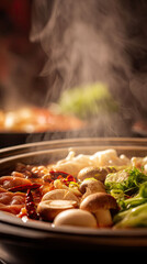 Chinese hot pot steaming close-up with rich ingredients and festive celebration atmosphere. Vertical banner
