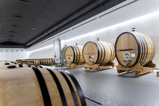 Large oak wine barrels in a modern Aranda de Duero winery indoors