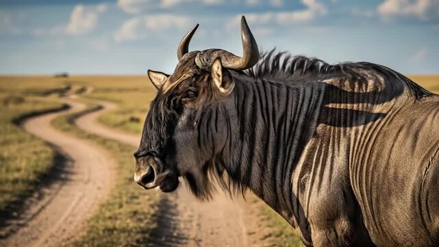 Majestic wildebeest crossing panorama on african savanna track under blue sky