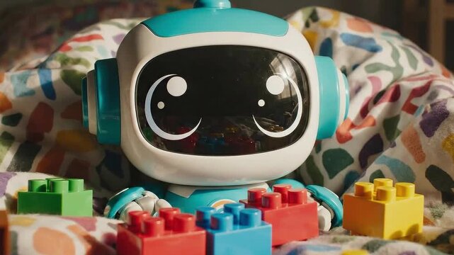 Smart robot assistant for children learning and playing with colorful interlocking toy blocks in a cozy bedroom