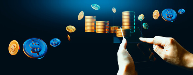hand of businessman interactive touching a holographic financial money dollar system network and technology, success of trading innovation