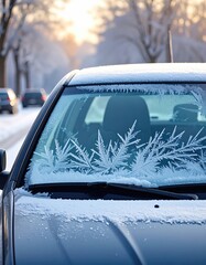 Frozen car windshield, crystalline ice patterns