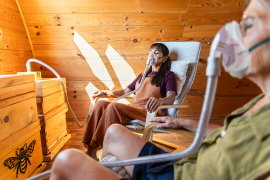 People doing apitherapy with bee air inhalation for wellness indoors