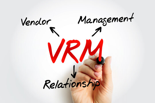 VRM Vendor Relationship Management - business activity made possible by software tools that aim to provide customers independence from vendors and for engaging with vendors, acronym text with marker