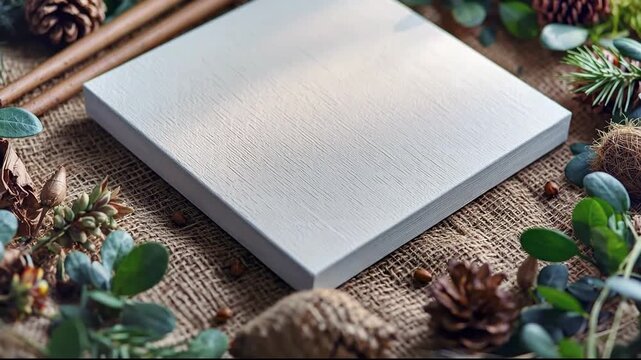 A white blank rectangular card or frame on a textured fabric background with natural elements like green leaves, white, purple, and orange flowers, and pine cones, with sunlight shadows.