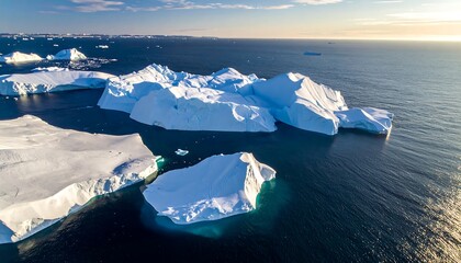 Aerial view of several icebergs floating in a blue ocean under sunlight