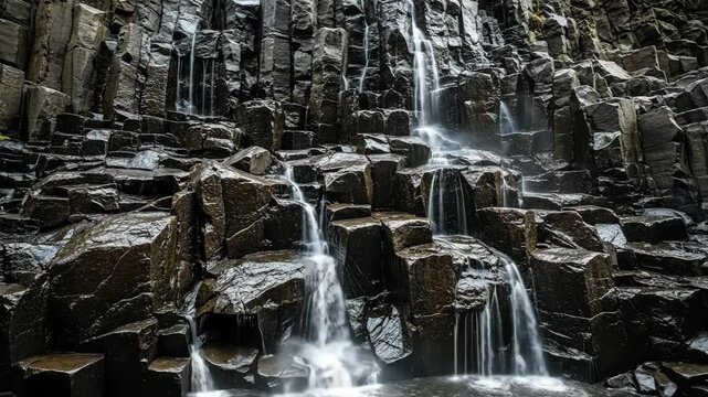 Cascading waterfalls over basalt rocks in a tranquil natural setting