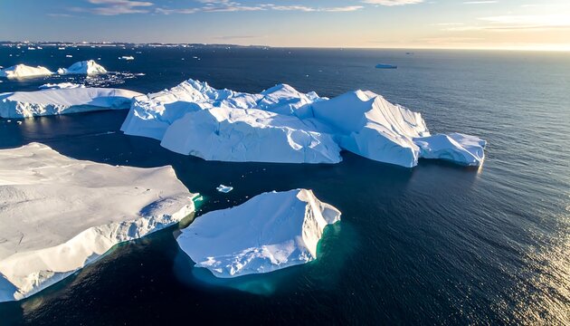 Aerial view of several icebergs floating in a blue ocean under sunlight