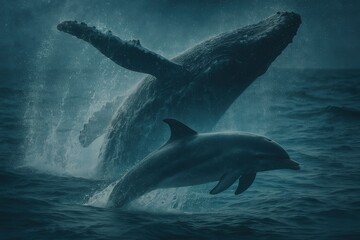 Naklejka premium Majestic interaction between a breaching humpback whale and a playful dolphin creating a mesmerizing scene of oceanic beauty and dynamic marine life expression