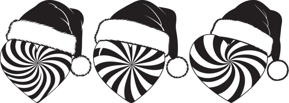 Three peppermint candy christmas hats with santa hat toppers silhouette