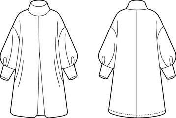 Vector technical flat sketch of oversized women’s coat featuring high funnel collar, balloon sleeves, wide cuffs, minimal outerwear design fashion template. © Creative Soul