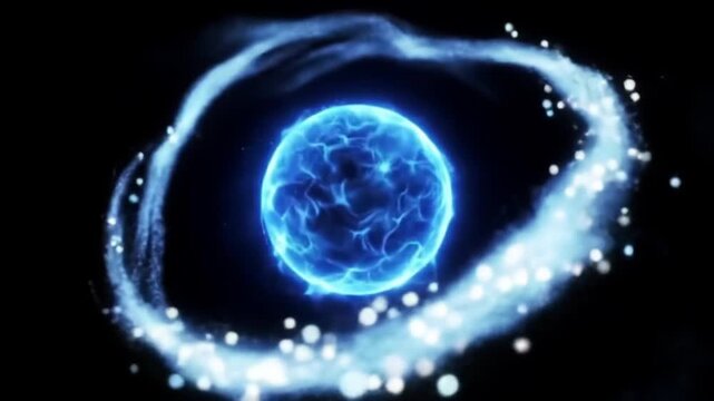 Blue energy sphere emitting particles in space on black background, usable as a power concept