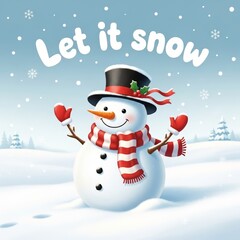 Let it Snow greeting card - cheerful snowman in top hat and scarf standing in snowy forest. Falling snowflakes, pine trees, joyful and cozy winter.