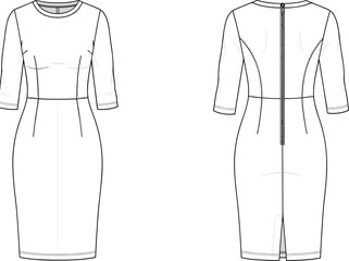 Vector technical flat sketch of women’s fitted midi dress featuring half sleeves, waist darts, back zipper closure, clean seaming and tailored silhouette.