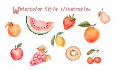 水彩画風の果物、赤系色を使った水彩画風