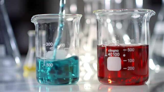 Chemical reaction in lab, blue liquid pouring into beaker next to a red beaker. Science concept