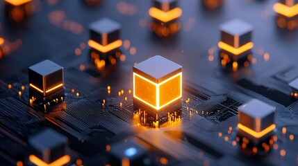 A close-up, abstract view of a dark circuit board with multiple glowing orange cubes arranged in a grid pattern.