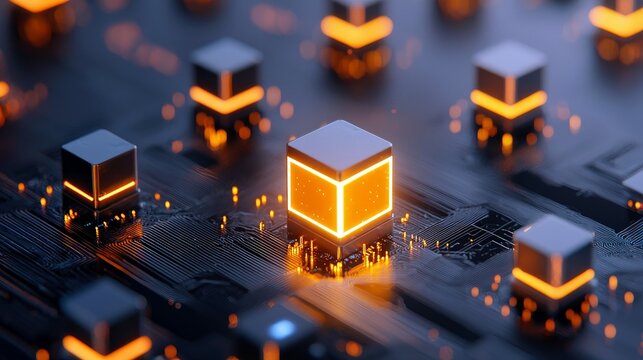 A close-up, abstract view of a dark circuit board with multiple glowing orange cubes arranged in a grid pattern.