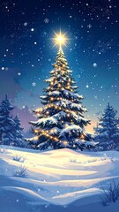 Fototapeta premium Animated image of a snowy Christmas tree and shining star