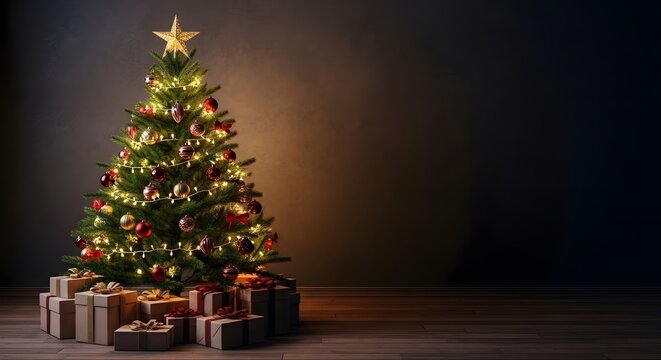 Decorated christmas tree with gifts in a dark room - Powered by Adobe