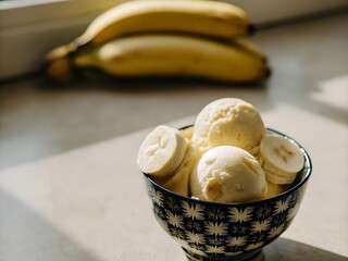 Freshly sliced bananas in a bowl with more bananas in background