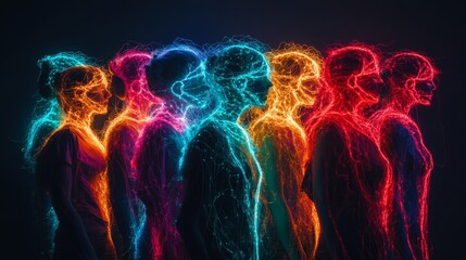 A vibrant display of silhouettes glowing in electric colors. Each figure represents individuality and creativity. Explore the intersection of technology and art. Generative AI