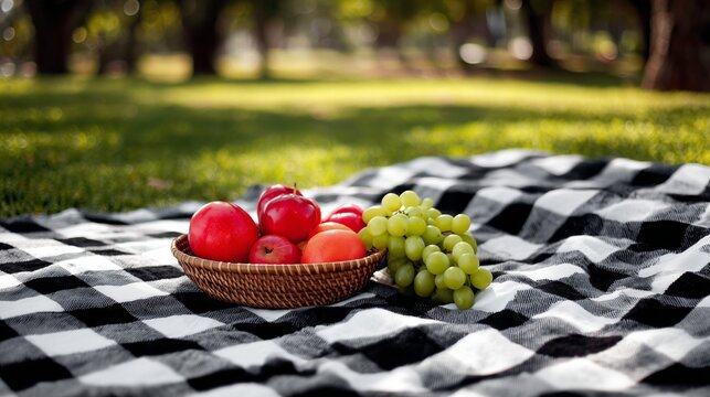 Fresh fruit picnic in a sunny park setting with a checkered blanket and a fruit basket